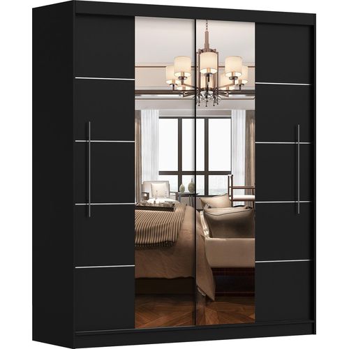 Schwebetürenschrank Kleiderschrank Schrank 204cm SCHWARZ/SCHWARZ mit zwei Spiegeln und Zierleisten Torino
