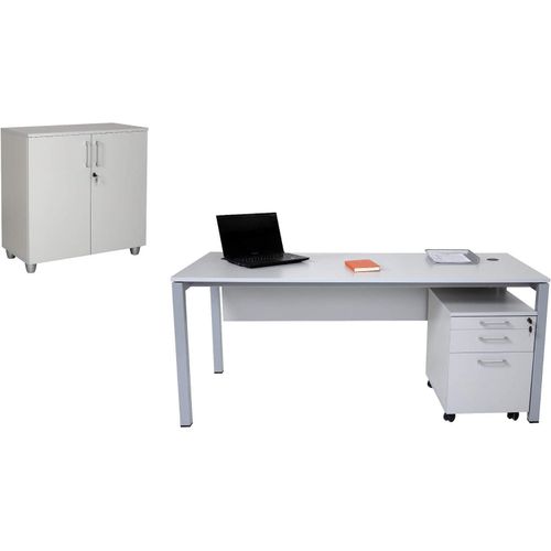 Schreibtisch Set Tetra,180 cm, grau Nachbildung/silber, inkl. Schreibtisch, Rollcontainer mit 3 Schüben, Aktenschrank