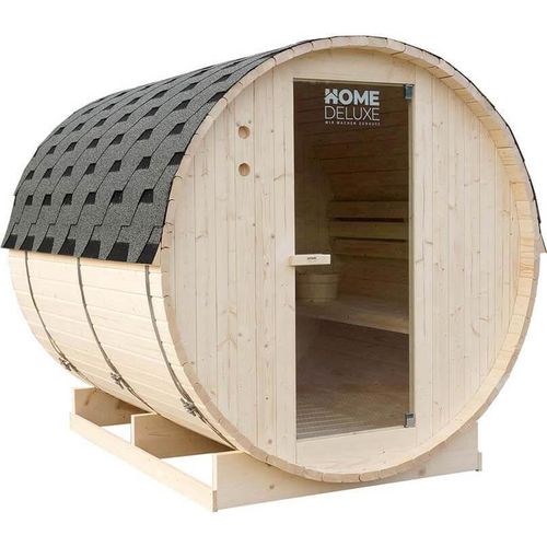 HOME DELUXE - Outdoor Fasssauna LAHTI XL - Maße: BxTxH: ca. 195 cm x 192 cm x 220 cm, Holz: Fichtenholz - inkl. Saunaofen und Saunazubehör I Gartensauna, Außensauna, Sauna Fass für 6 Personen