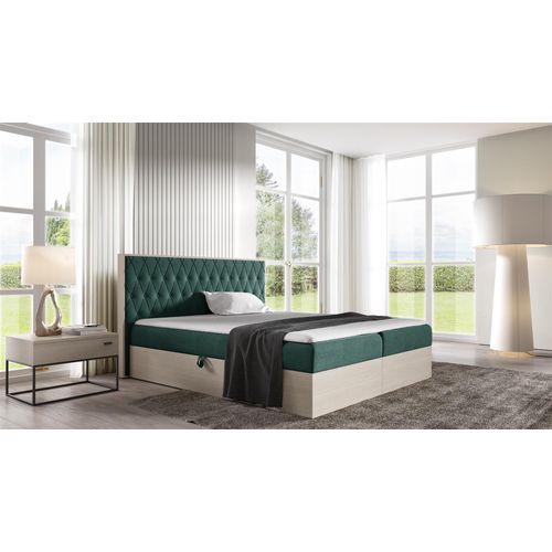 Boxspringbett Bett BROMIA 200x200cm Nordic Teak Stoff Grün inkl. Bettkasten