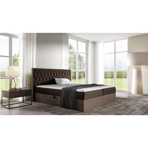 Boxspringbett Bett BROMIA 200x200cm Dunkel Eiche Stoff Braun inkl. Bettkasten