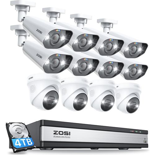ZOSI 4K Überwachungskamera Set, 12X 8MP PoE IP Kamera mit Smart Personenerkennung und Spotlight Alarm, 16CH 4TB HDD NVR für 24/7 Video- & Audioüberwachung
