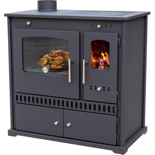 Kaminofen mit Backfach und Herdplatte Perfect Eco Schwarz Links Holzofen 7 kW Kamin Ofen Holz Werkstattofen Hüttenofen Heizofen Gartenofen