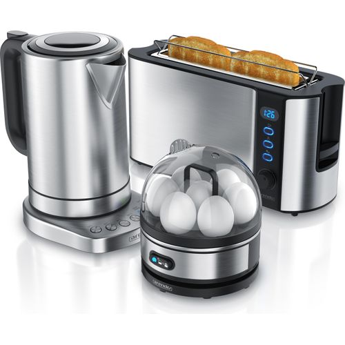 Arendo Frühstücks Set in Edelstahl Optik - Wasserkocher / Toaster / Eierkocher