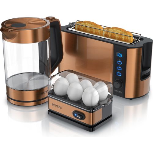 Arendo Frühstücks-Set kupferfarben, Eierkocher für 6 Eier, 1,7l Wasserkocher, Edelstahl Langschlitz Toaster