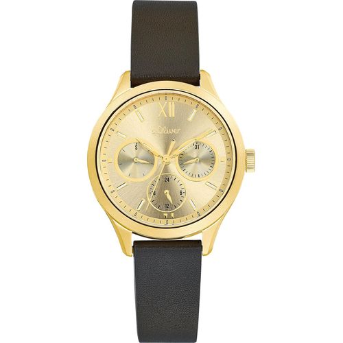s.Oliver Damen Quarz Multifunktion Armbanduhr aus Edelstahl mit Echtleder Armband - 2034606
