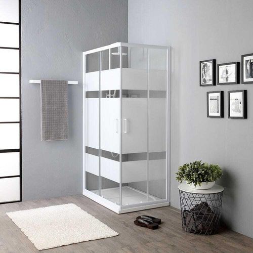 70x100cm Duschkabine mit Eckeinstieg, weißer Glasdekor mit Querstreifen | Venere