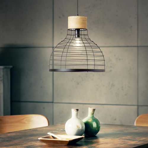 BRILLIANT moderne Pendelleuchte AVIA | Hängeleuchte mit schwarzem Schirm mit nachhaltigem Holzdetail Ø 47 cm| 1x E27 Fassung max. 52 W | Metall/Holz
