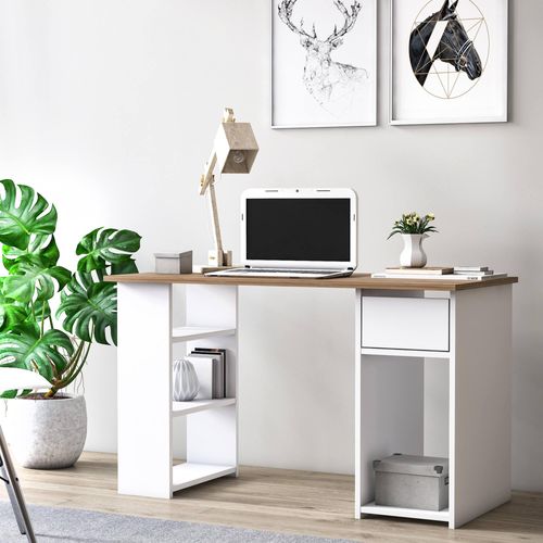 Schreibtisch mit Regalen und Schublade, 120 x 54,8 x 73 cm, Farbe Weiß und Nussbaum