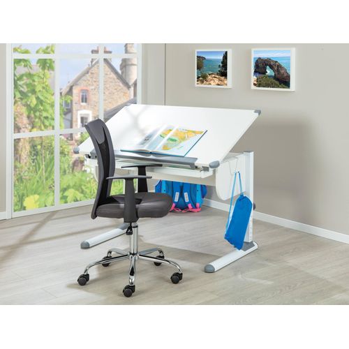 Höhenverstellbarer Schreibtisch mit kippbarer Ablage, in Weißmetall, 110x68x55-78 cm