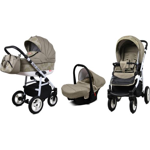 Kombikinderwagen Kinderwagenset 3in1 Kinderwagen, ALU WAY, Buggy Autositz Khaki Monstera Leaves