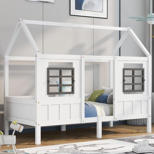 Kinderbett mit Lattenrost, 90x200 cm, Hausbett mit Rausfallschutz, Holzbett aus Kiefer, Jugendbett, Einzelbett