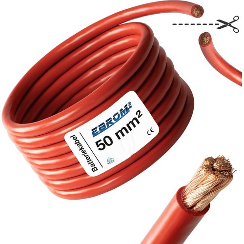 EBROM® 10 Meter Batteriekabel 50 mm² ROT - Pluskabel - Wohnwagen - KFZ - Boot - 99,9 % OFC Kupfer Vollkupfer - 10m 50 mm2 - 10 m 50mm2