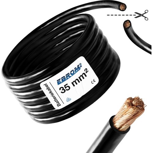 EBROM® 10 Meter Batteriekabel 35 mm² SCHWARZ - Minuskabel - Wohnwagen - KFZ - Boot - 99,9 % OFC Kupfer Vollkupfer - 10m 35 mm2 - 10 m 35mm2 Massekabel