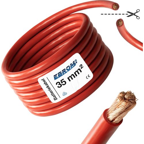 EBROM® 10 Meter Batteriekabel 35 mm² ROT - Pluskabel - Wohnwagen - KFZ - Boot - 99,9 % OFC Kupfer Vollkupfer - 10m 35 mm2 - 10 m 35mm2