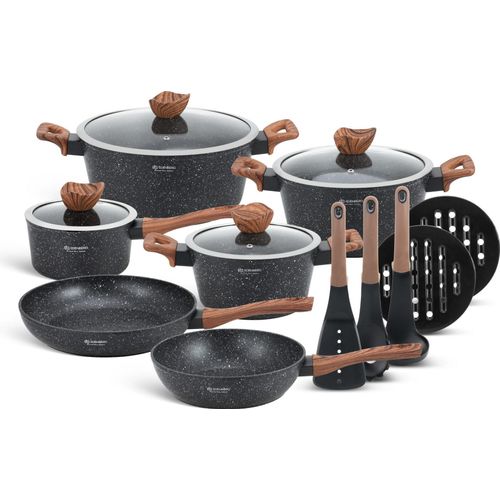 15 tlg. Wunderschönes schwarze Töpfe mit Kasserolle, 2 Pfannen, Aluminiumguss, ideale Geschenkidee 1.6L / 2.35L / 2.5L / 3.2L / 4.3L / 6.5L