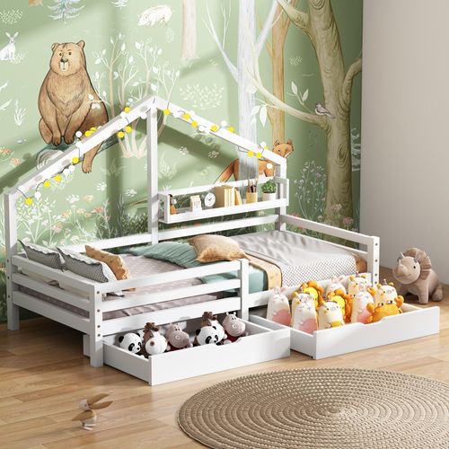 Kinderbett mit 2 Schubladen und Lattenrost, 90x200 cm, Hausbett inkl. Rausfallschutz, Einzelbett, Jugendbett, Kiefer
