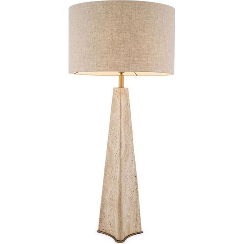 Casa Padrino Luxus Tischleuchte Beige / Antik Messing Ø 48 x H. 106,5 cm - Travertin Schreibtischleuchte mit rundem Lampenschirm - Luxus Tischleuchten - Luxus Kollektion