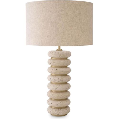 Casa Padrino Luxus Tischleuchte Beige / Antik Messing Ø 50 x H. 85 cm - Travertin Schreibtischleuchte mit rundem Lampenschirm - Luxus Tischleuchten - Luxus Kollektion