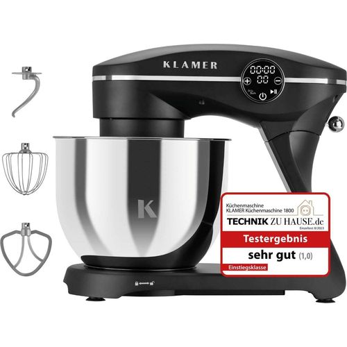 KLAMER Küchenmaschine 1800W, Knetmaschine mit 6 Liter Edelstahl Schüssel, 10 Geschwindigkeitsstufen mit Timer, Rührbesen, Knethaken, Schneebesen und Spritzschutz, schwarz