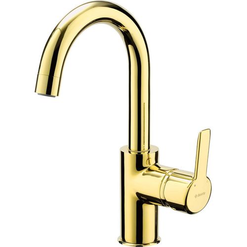 Design Waschtischarmatur mit schwenkbarem Auslauf gebogen in gold ARNIKA-30, B/H/T ca. 4,8 /26,5/17 cm
