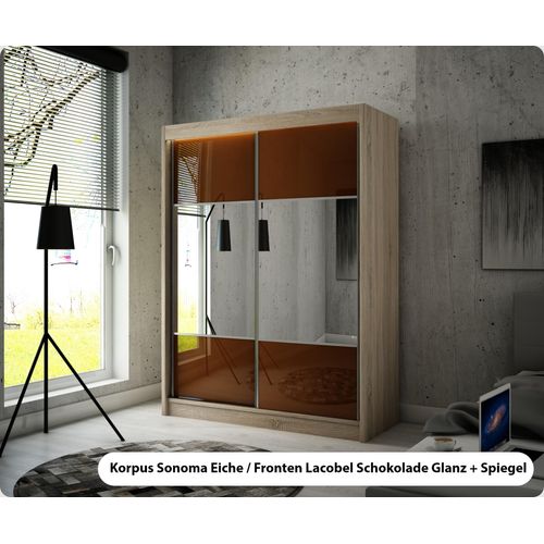 MEBLITO Kleiderschrank Gera Schlafzimmer Schrank Wohnzimmerschrank Garderobenschrank modern Top Neu Design Schiebetürenschrank Garderobe Lacobelglas Glanz Wohnzimmer 215 x 150