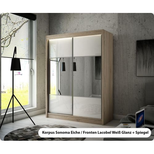 MEBLITO Kleiderschrank Gera Schlafzimmer Schrank Wohnzimmerschrank Garderobenschrank modern Top Neu Design Schiebetürenschrank Garderobe Lacobelglas Glanz Wohnzimmer 215 x 120