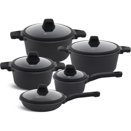 10 tlg. Elegante schwarze Töpfe, Glasdeckel mit Silikonrand und Silikongriffe, ideale Geschenkidee, 1.1L / 1.9L / 2.6L / 4.6L / 6.8L
