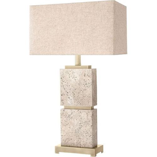 Casa Padrino Luxus Tischleuchte Beige / Antik Messing 40 x 22 x H. 70,5 cm - Travertin Schreibtischleuchte mit rechteckigem Lampenschirm - Luxus Tischleuchten - Luxus Schreibtischleuchten