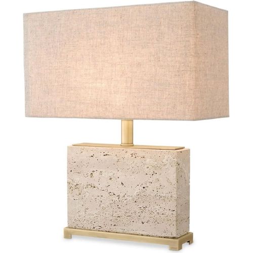 Casa Padrino Luxus Tischleuchte Beige / Antik Messing 40 x 22 x H. 55 cm - Travertin Schreibtischleuchte mit rechteckigem Lampenschirm - Luxus Tischleuchten - Luxus Schreibtischleuchten