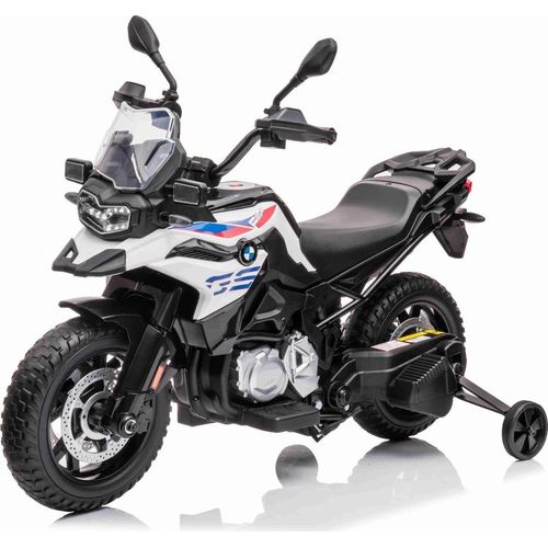 Elektromotorrad BMW F850 GS, lizenziert, 12-V-Batterie, weiche EVA-Räder, 2 x 35-W-Motoren, LED-Leuchten, Hilfsräder, MP3-Player mit USB/Aux-Eingang, weiß