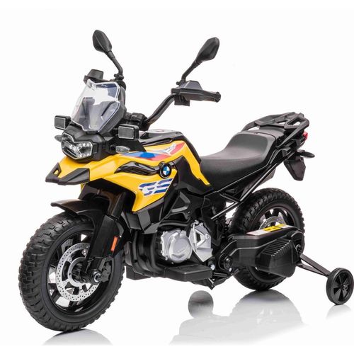 Elektromotorrad BMW F850 GS, Lizenziert, 12-V-Batterie, weiche EVA-Räder, 2 x 35-W-Motoren, LED-Leuchten, Hilfsräder, MP3-Player mit USB/Aux-Eingang, Gelb