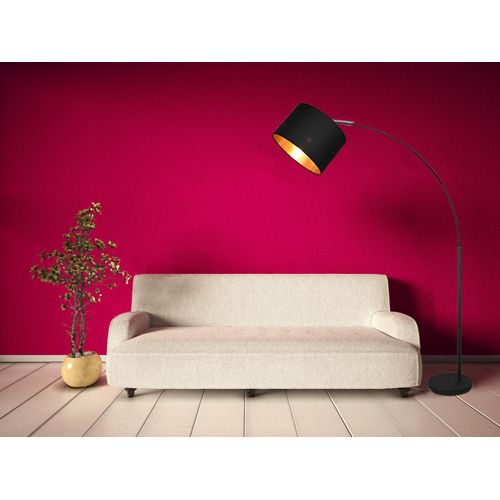 LED Bogenlampe Schwarz mit Stoffschirm innen Gold Leselampe Stehlampe Höhe 171cm