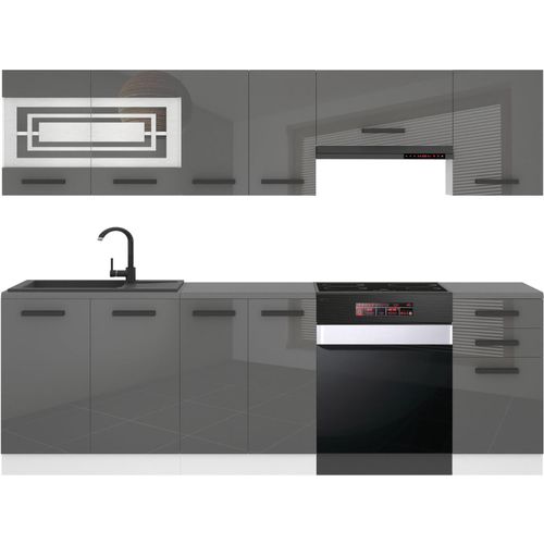 Belini Küchenzeile Küchenblock Lily - Küchenmöbel 240 cm Einbauküche Vollausstattung ohne Elektrogeräten mit Hängeschränke und Unterschränke, ohne Arbeitsplatten, Silber Hochglanz