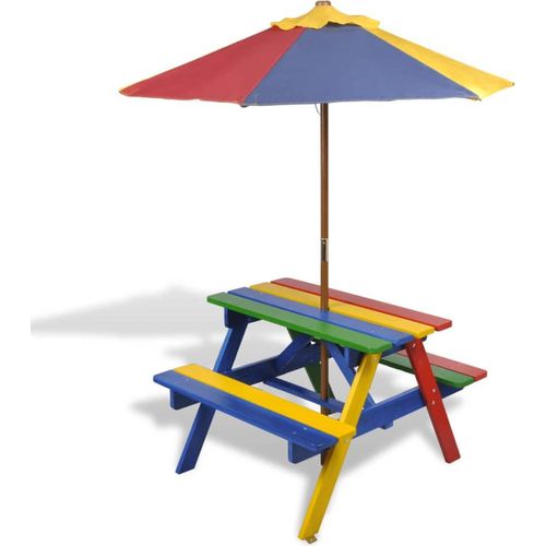 Prolenta Premium Kinder-Picknicktisch mit Bänken Sonnenschirm Mehrfarbig Holz