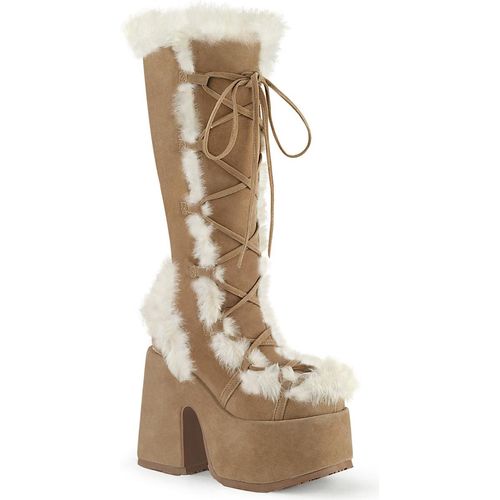 CAMEL-311 DemoniaCult High-Heels Plateaustiefel camel Velours mit Kunstfellbesatz