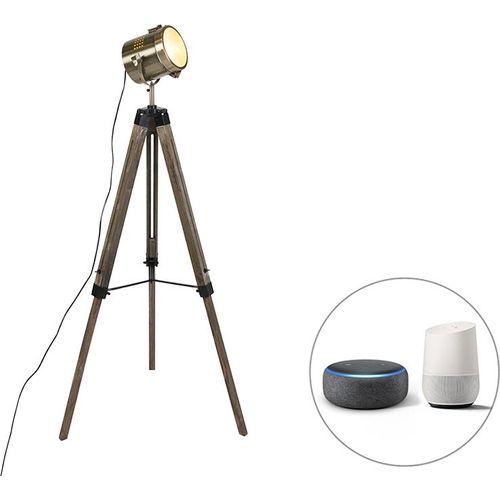 QAZQA - Industrie I Vintage I Smarte Stehleuchte I Stehlampe I Standleuchte I Lampe I Leuchte Stativholz mit Studiostrahler inkl. WiFi B35 - Braha I Wohnzimmer I Schlafzimmer - Rund - LED geeignet E14