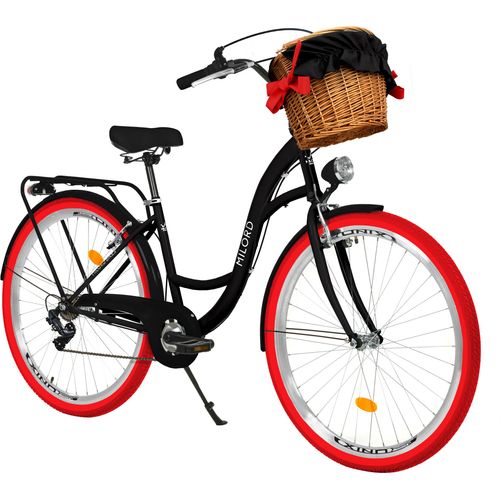 Milord Komfort Fahrrad Mit Weidenkorb Damenfahrrad, 28 Zoll, Schwarz-Rot, 7-Gang Shimano