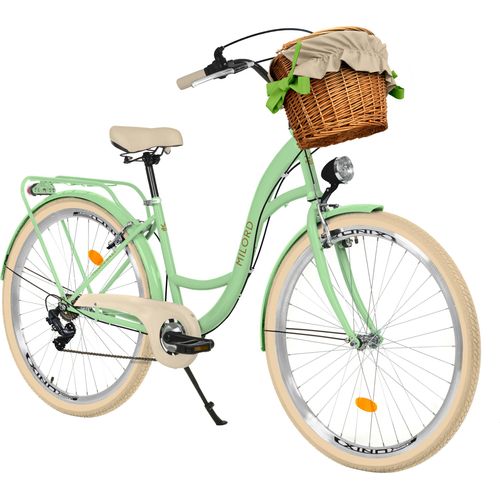 Milord Komfort Fahrrad Mit Weidenkorb Damenfahrrad, 28 Zoll, Mintze-Creme, 7-Gang Shimano