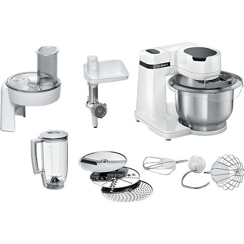 Kchenroboter, Bosch MUMS2EW30 Kchenmaschine, MUM Serie 2, 700 W, 4 Geschwindigkeiten, 3,8 l Kunststoff-Rhrschssel, Zubehr hinzufgen, Wei - Wei