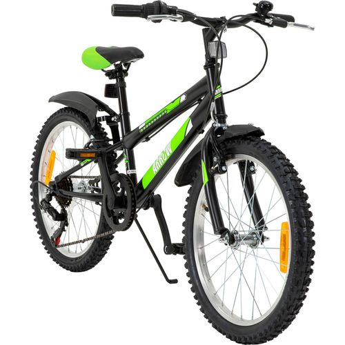 Actionbikes Kinderfahrrad Arrow 20 Zoll | Kinder Fahrrad- V-Brake Bremsen - Kettenschutz - Fahrradständer - Handschaltung - 6-9 Jahre (Schwarz/Grün)