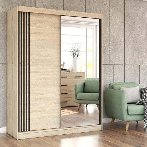 Schwebetürenschrank Kleiderschrank Schrank 150 cm Sonoma/Sonoma mit Zierleisten Vista 07