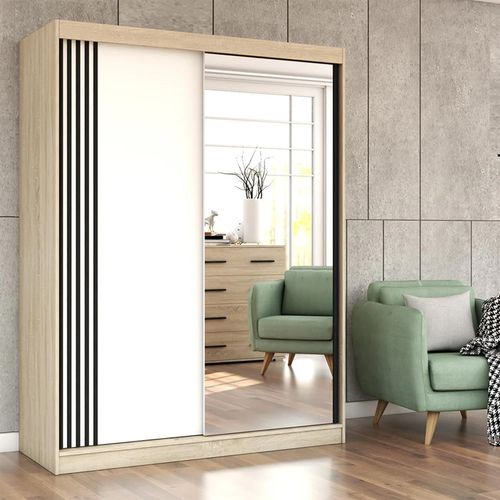 Schwebetürenschrank Kleiderschrank Schrank 150 cm Sonoma/Weiß mit Zierleisten Vista 07