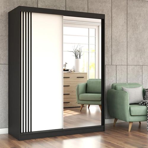Schwebetürenschrank Kleiderschrank Schrank 150 cm Schwarz/Weiß mit Zierleisten Vista 07
