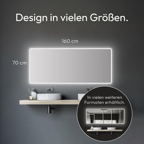 Badezimmerspiegel mit Beleuchtung TALOS Moon LED Badspiegel 160x70 cm - feuchtwassergeeignet durch Aluminiumrahmen - Licht-Farbe Neutralweiß