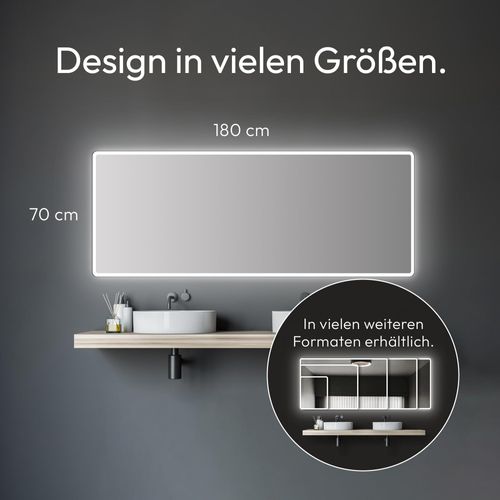 Badezimmerspiegel mit Beleuchtung TALOS Moon LED Badspiegel 180x70 cm - feuchtwassergeeignet durch Aluminiumrahmen - Licht-Farbe Neutralweiß