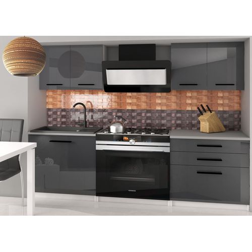 Küchenschrank Set Möbelsets Unterschränke Hochschrank Hängeglasschrank Komplettküche Tiesto 2 | Küchen Möbel | Grau glänzend