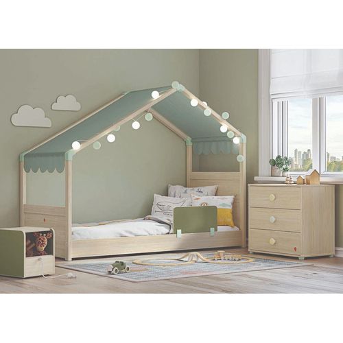 Montessori Hausbett mit Seitendach 90x200 cm Braun / versch. Farben, Farbauswahl:Rosa, Matratze:mit, Auszug:ohne Bettauszug