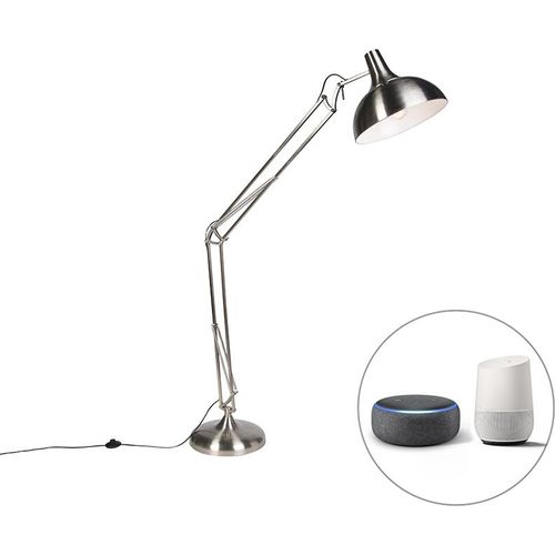 QAZQA - Modern Smarte Stehlampe Stahl I Silber I nickel matt inkl. Wifi A60 - Hobby I Wohnzimmer I Schlafzimmer - Stahl Rund - LED geeignet E27