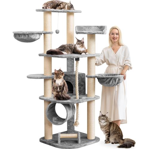 HAPPYPET Großer Kratzbaum Stabil 'Parker' 171 cm - 11 cm Stämme, Große Liegemulden, Kratzrolle, Kletterbaum XXL Katzenbaum für Katzen, Grau
